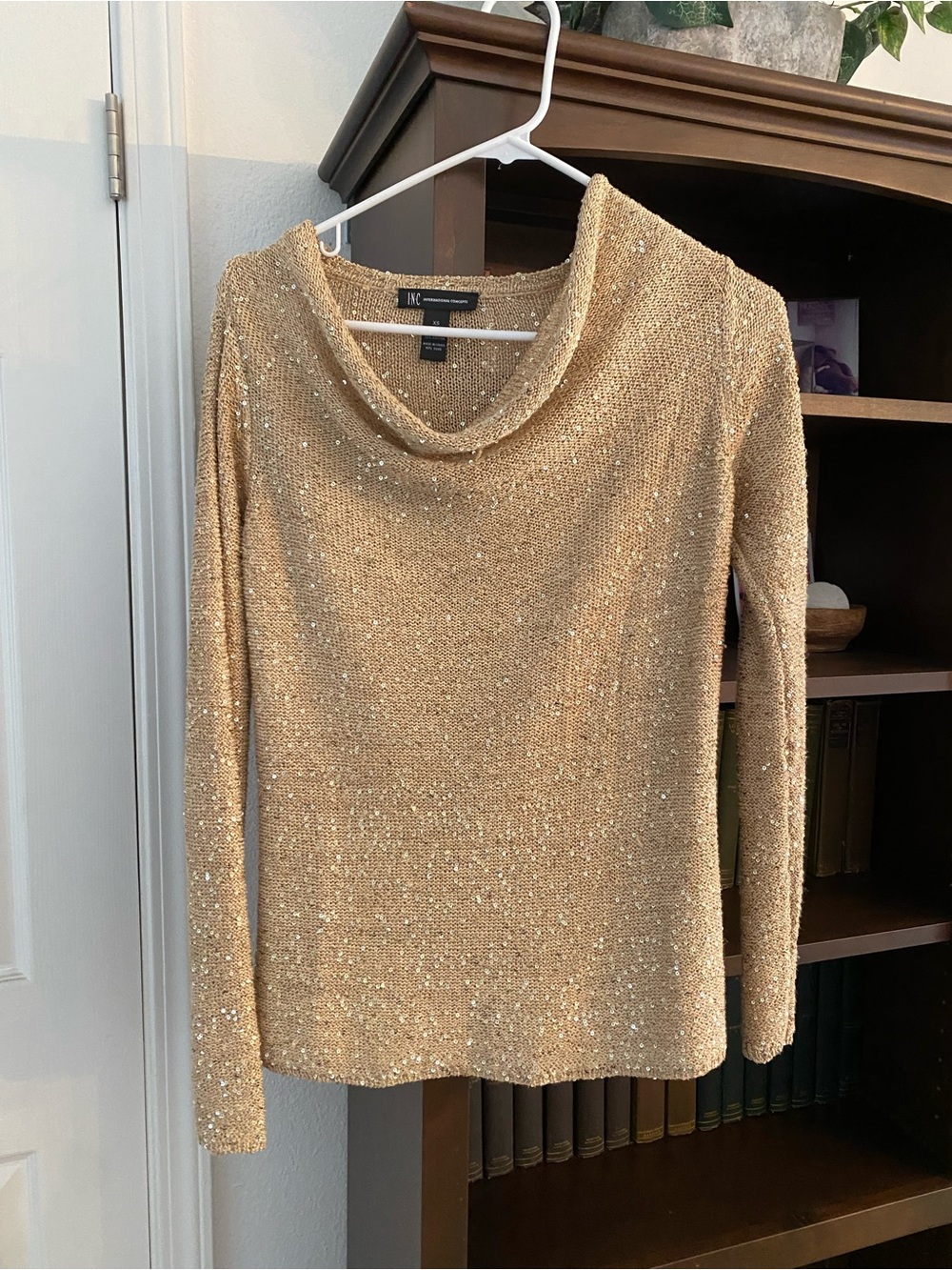 INC International Concepts Gold Sequin Cowl Neck Sweater